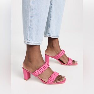 STAUD Frankie Ruched Block Heel Leather Sandals in Pink Blossom